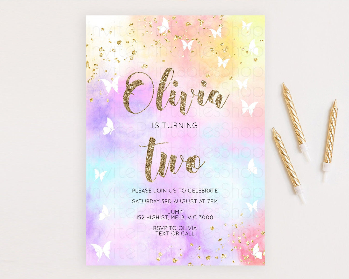 Rainbow Birthday Invitation Colorful Pastel Watercolor Invitation Gold Glitter Sprinkles Ombre Pastel 1st 2nd 3rd Birthday D10435