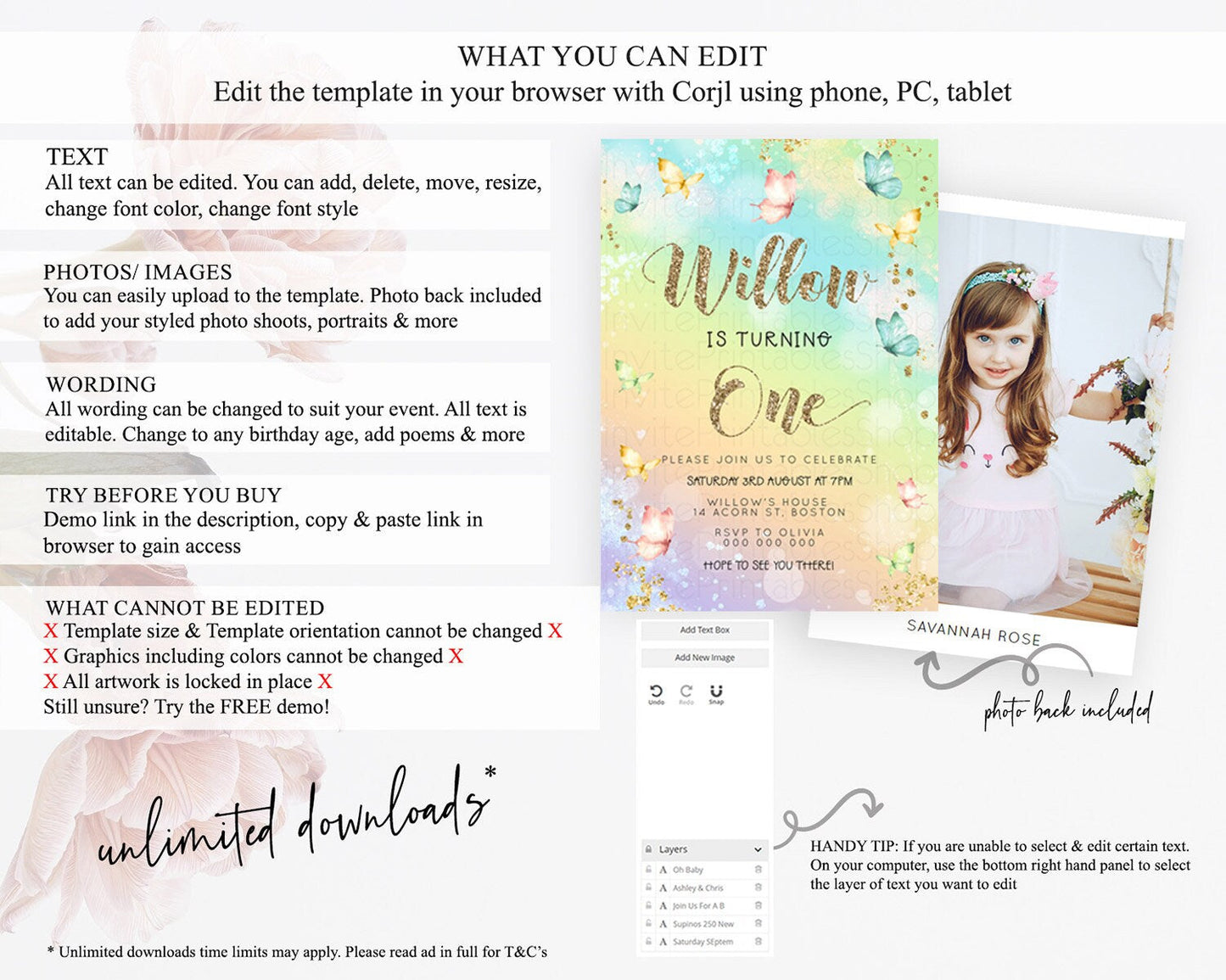 Pastel Butterfly Birthday Invitation Butterfly Birthday Invitation Colorful Splash Glitter Butterfly Garden 1st 2nd Birthday D23083