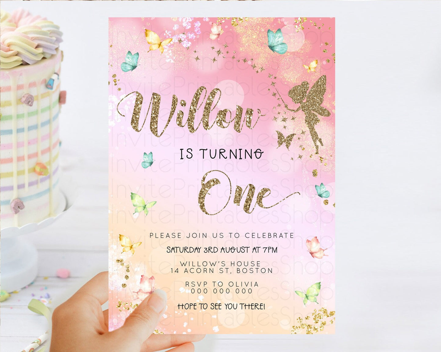 Pastel Fairy Birthday Invitation Pastel Butterflies Fairy Birthday Invitation Rainbow Ombre Watercolor 1st 2nd Birthday Invitation D23149