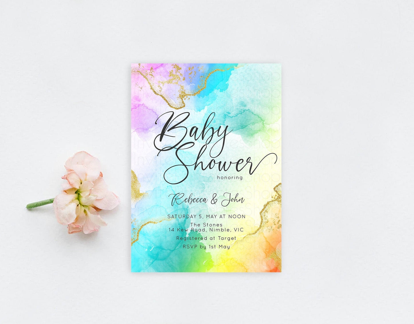 Rainbow Baby Shower Invitation Gold Glitter Splash Ink Pastel Watercolor Colorful Blue Pink Purple Yellow Gender Neutral Editable D10390