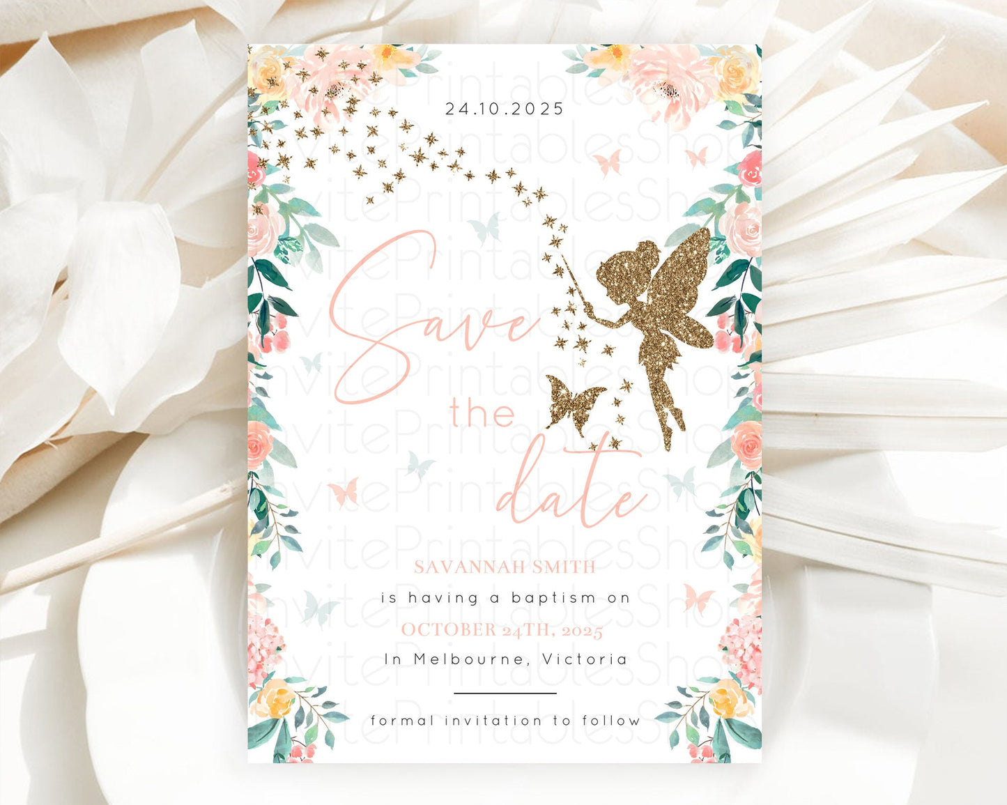 Fairy Save The Date Template Enchanted Garden Pastel Floral Butterfly Party Secret Garden Birthday Baptism Baby Shower Bridal Shower D10789