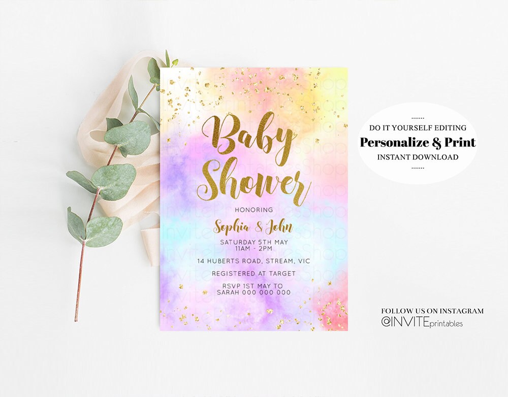 Rainbow Baby Shower Invitation Watercolor Pastel Invitation Colorful Splash Baby Shower Invite Gold Glitter Sprinkles Ombre Invite D10435