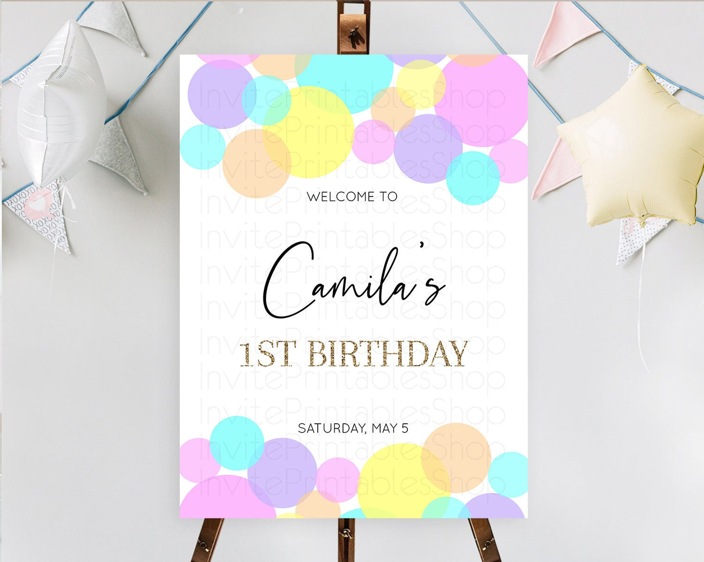 Rainbow Welcome Sign Pastel Welcome Board Pastel Rainbow Confetti Welcome Sign Colorful Bubbles Pastel First Birthday Welcome Sign D10407