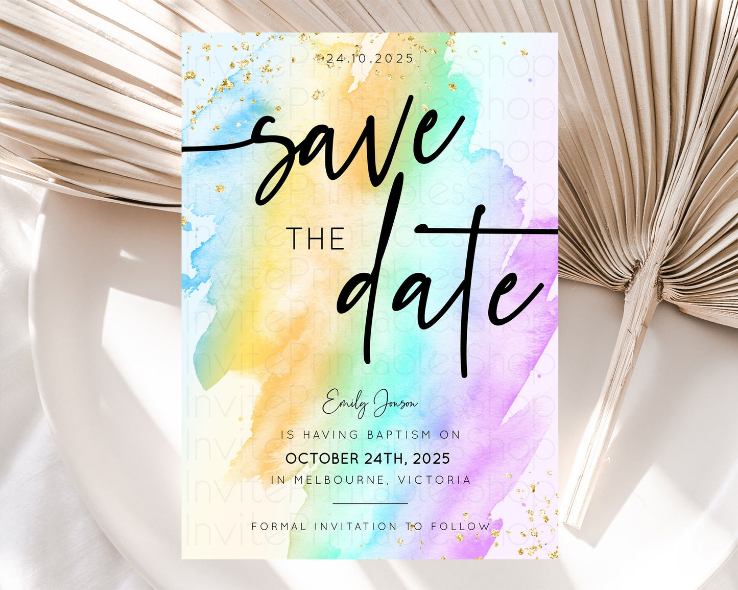 Pastel Save The Date Template Pastel Ombre Rainbow Watercolor Colorful Party For Birthday Baptism Baby Shower Wedding Bridal Shower D10425