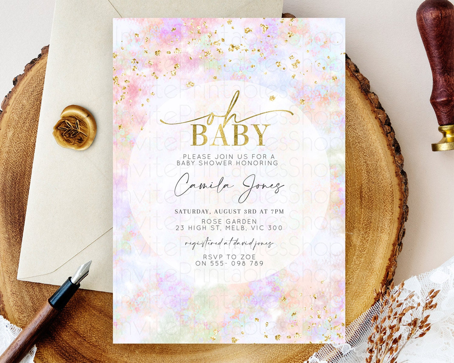 Pastel Baby Shower Invitation Rainbow Baby Shower Invitation Colorful Pastel Watercolor Invitation Gold Glitter Sprinkles Ombre D10649