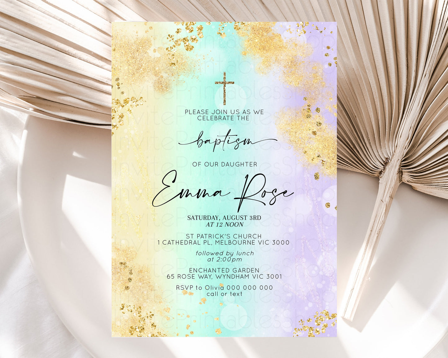 Pastel Baptism Invitation Rainbow Christening Invitation Holy Communion Invite Baptism 1st Birthday Sprinkles Ombre Watercolor Splash 706