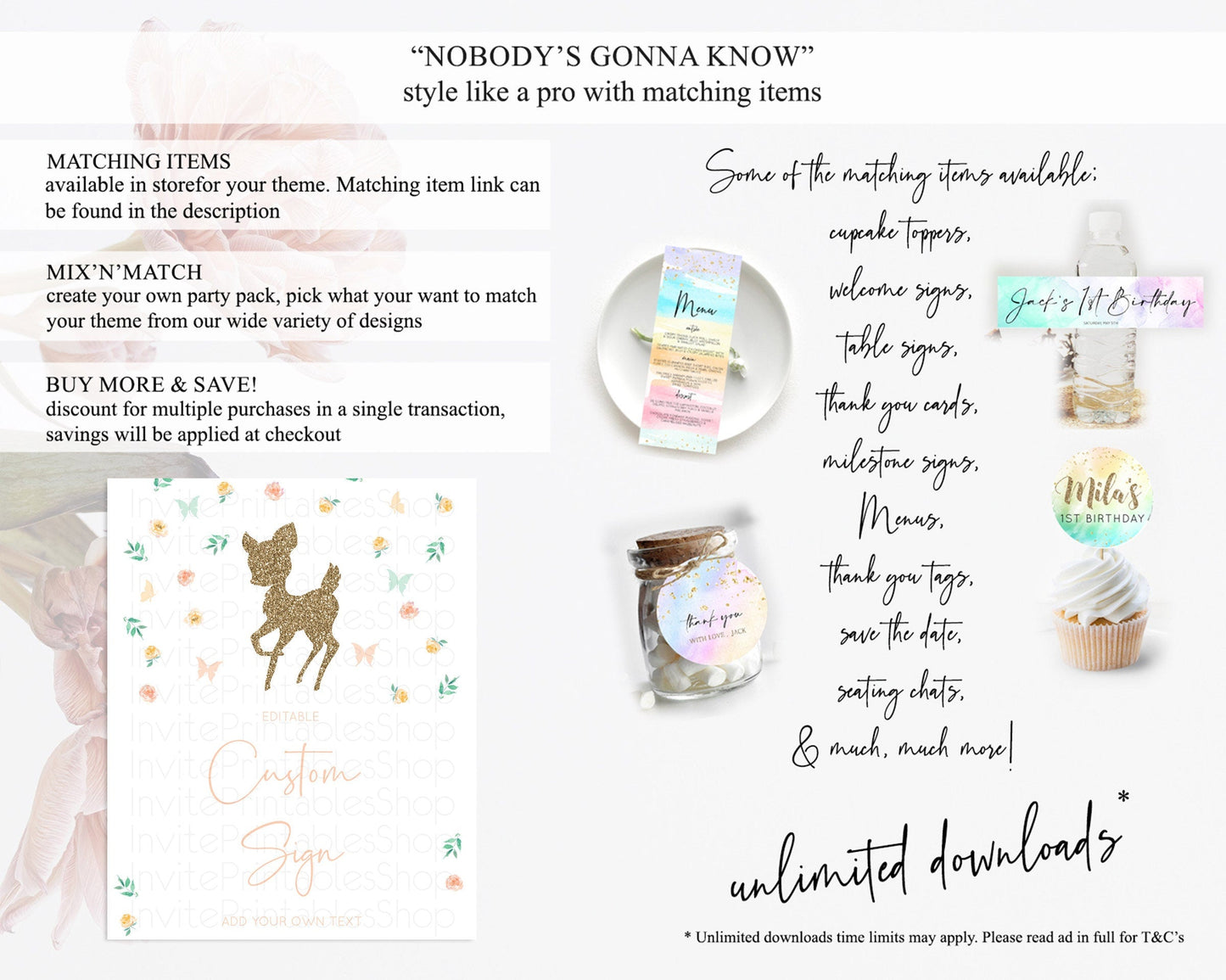 Fawn Deer Sign Pastel Floral Deer Table Sign Decor Enchanted Forest Butterfly Party 1st Birthday Baptism Baby Shower Bridal Shower D10355