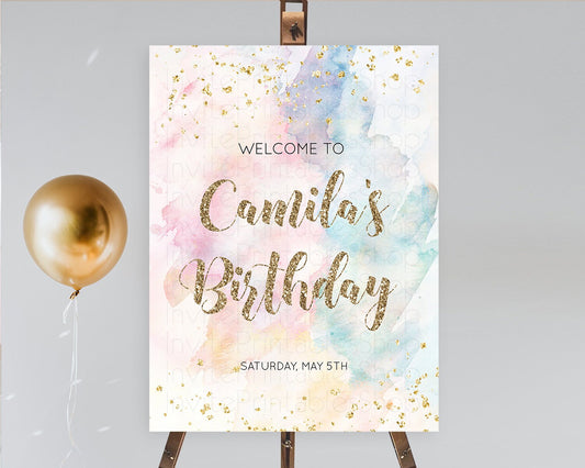 Pastel Welcome Sign Pastel Rainbow Welcome Sign Colorful Rainbow Confetti Watercolor Glitter Pastel First Birthday Welcome Sign D10264