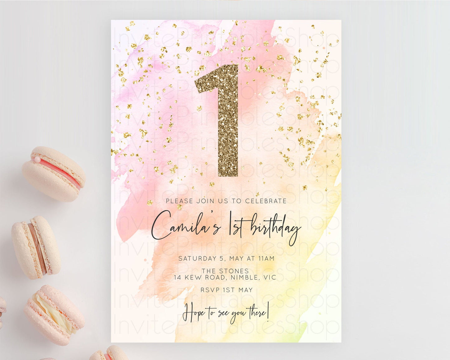 Pink Birthday Invitation pink Watercolor Invitation Pastel pink Watercolor Invitation pink Splash Gold Invitation 1st First Birthday D10167