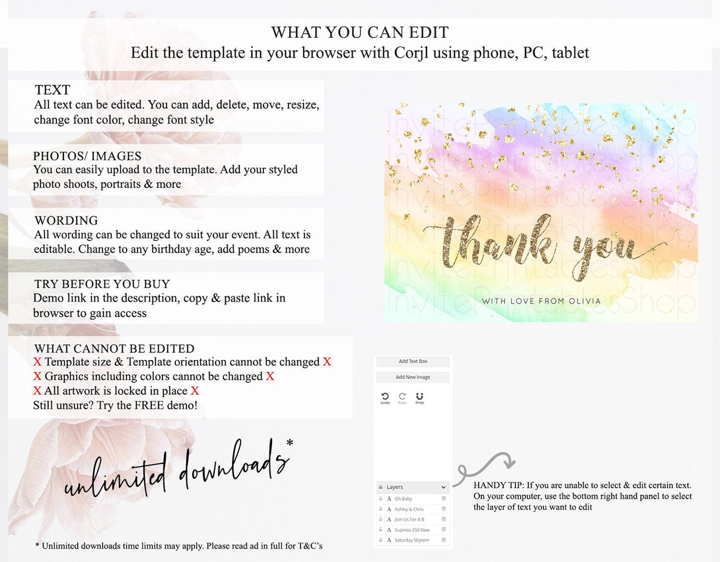 Pastel Thank You Rainbow Thank You Card Colorful Pastel Birthday Thank You Card Confetti Watercolor Pastel Teacher Thank You Cards D10643