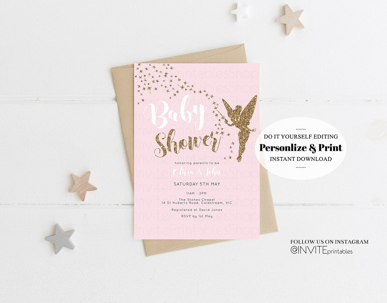 Baby Shower Invitations, Baby Shower Invites, Gold Glitter Invitation, Tinker Bell Invites, Pink Invitation, Glitter, Pastel, Girl Invites