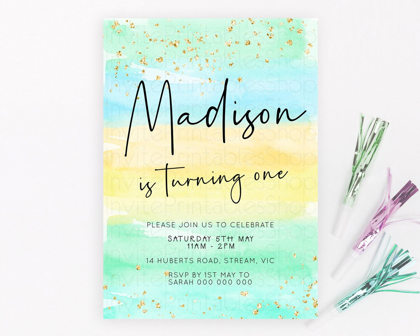 Pastel Birthday Invitation Ombre Watercolor Birthday Invitation Glitter Rainbow Color Splash 1st 2nd 3rd Birthday Invitation D23038