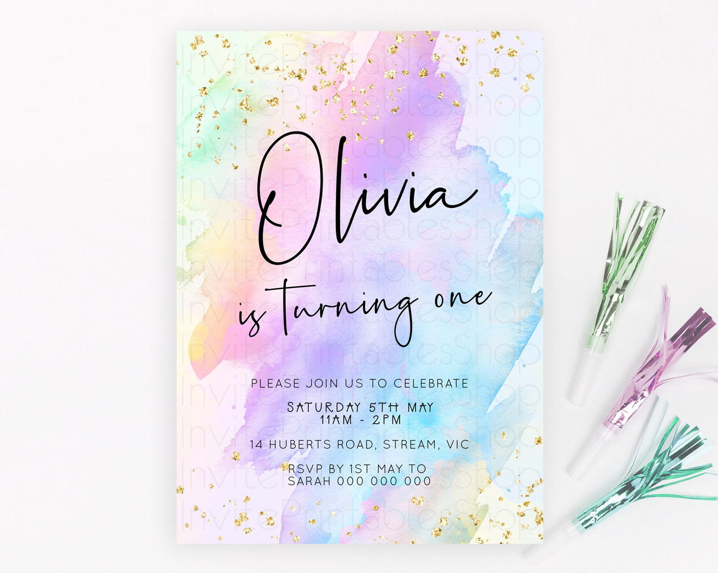 Pastel Birthday Invitation Ombre Watercolor Birthday Invitation Glitter Rainbow Color Splash 1st 2nd 3rd Birthday Invitation D23064