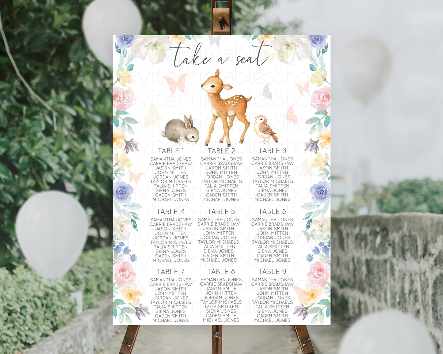 Fawn Seating Chart Deer Seating Chart Enchanted Forest Party Butterfly Pastel Flowers Whimsical Seating Chart Woodland Seating Sign D10930