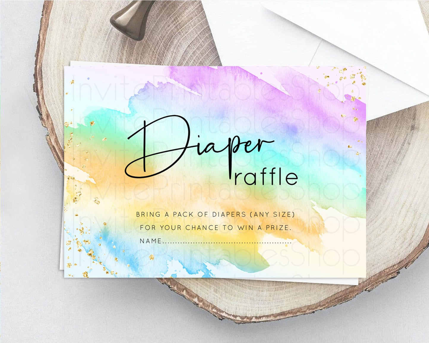 Pastel Diaper Raffle Card Pastel Rainbow Diaper Raffle Insert Colorful Ombre Watercolor Diaper Ticket Confetti Glitter Raffle Game D10427