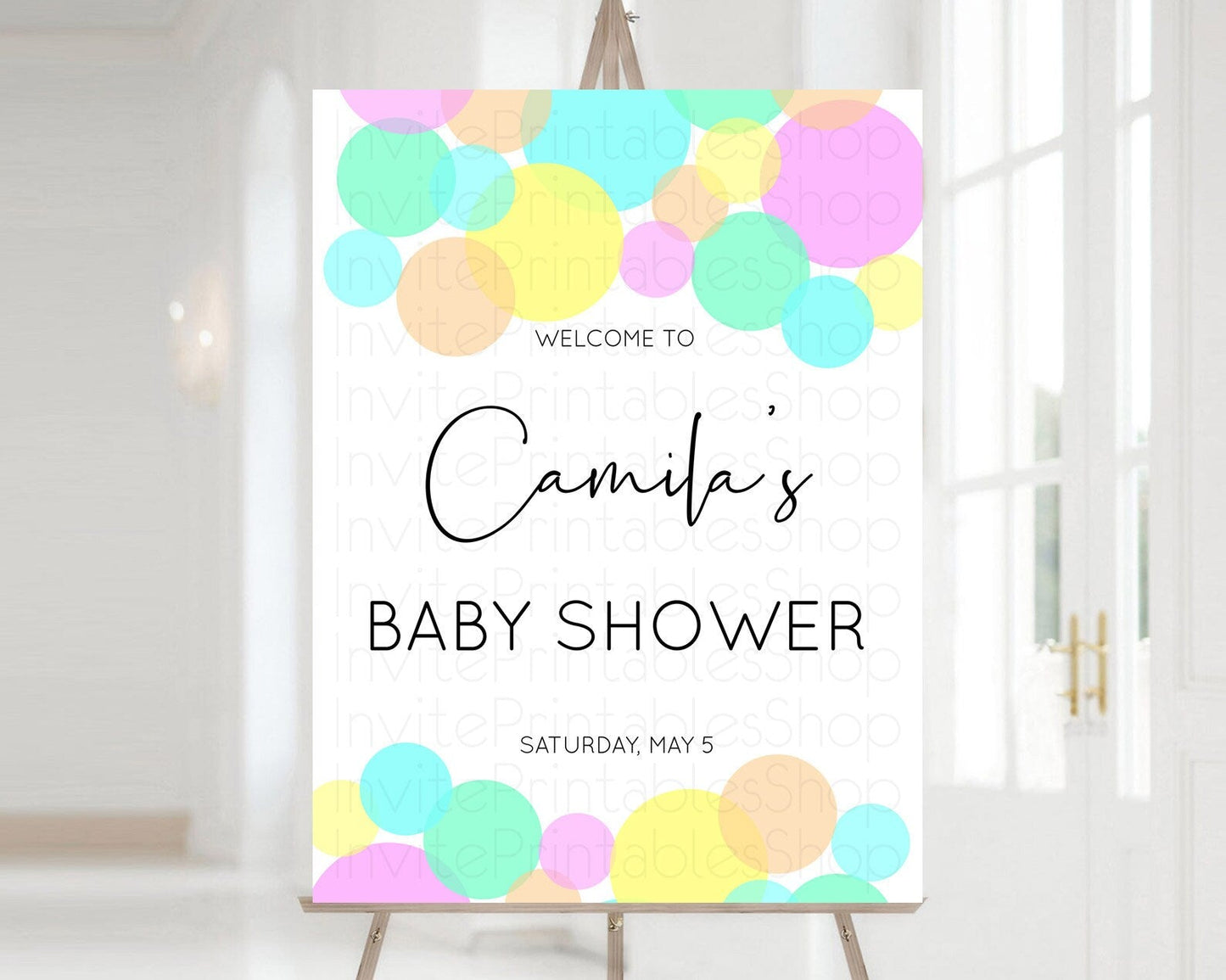 Rainbow Baby Shower Welcome Sign Pastel Welcome Board Pastel Rainbow Confetti Welcome Sign Colorful Bubbles Pastel Welcome Sign D10409