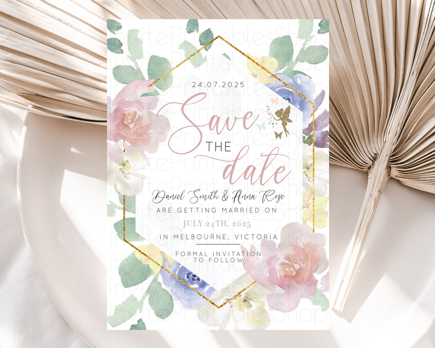 Fairy Save The Date Template Enchanted Garden Pastel Floral Butterfly Party Secret Garden Birthday Baptism Baby Shower Bridal Shower D10294