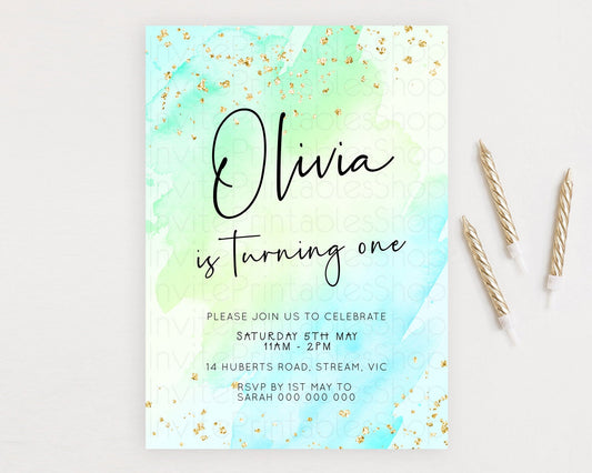 Editable Green Birthday Invitation green Watercolor Invitation Pastel green