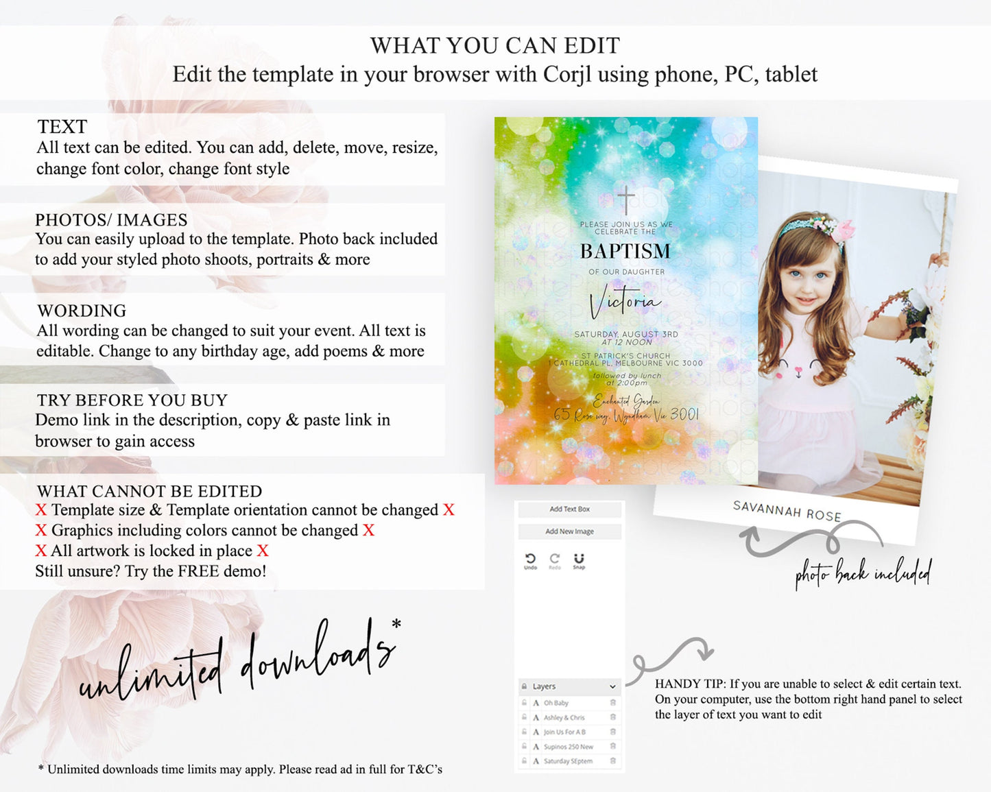 Rainbow Baptism Invitation Colorful Pastel Watercolor Baptism 1st Birthday Invitation Iridescent Glitter Sprinkles Ombre Christening D10692