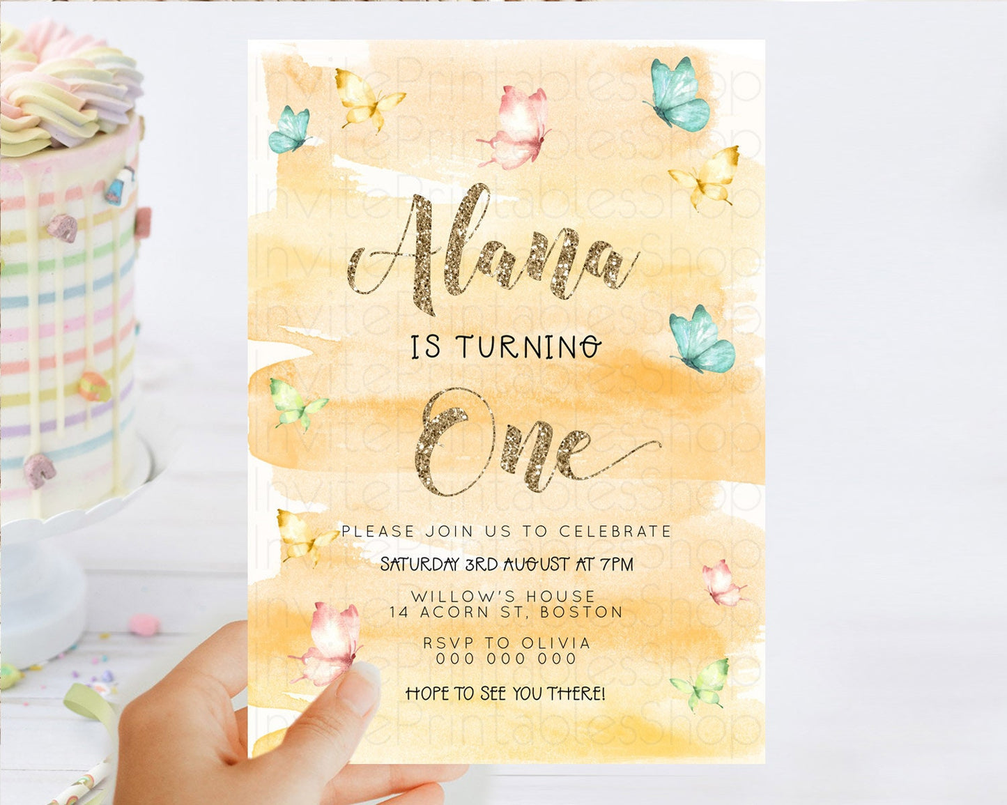 Pastel Butterfly Birthday Invitation Butterfly Birthday Invitation Colorful Splash Glitter Butterfly Garden 1st 2nd Birthday D23231