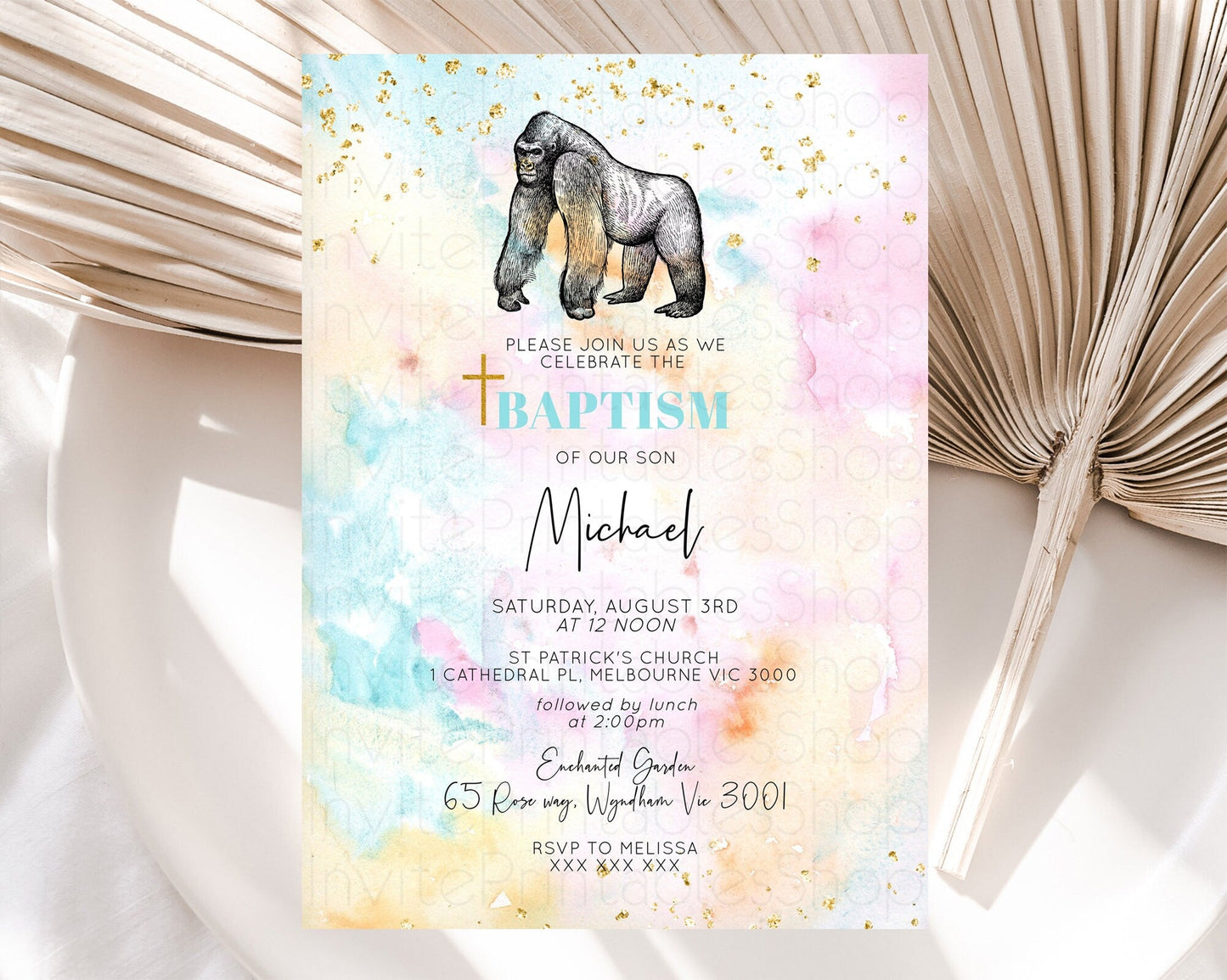 Pastel Gorilla Baptism Invitation Ombre Gorilla Baptism 1st Birthday Invitation Rainbow Watercolor Safari Christening Invitation D10284