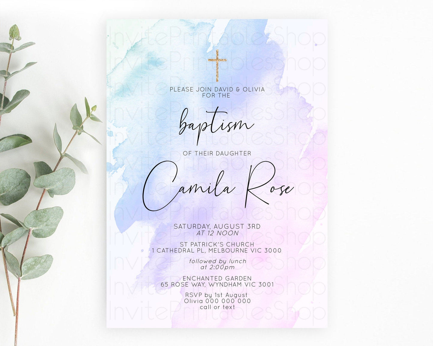 Purple Baptism Invitation Purple Watercolor Baptism Birthday Invitation Pastel Purple Watercolor Christening Invite Purple Splash D10165