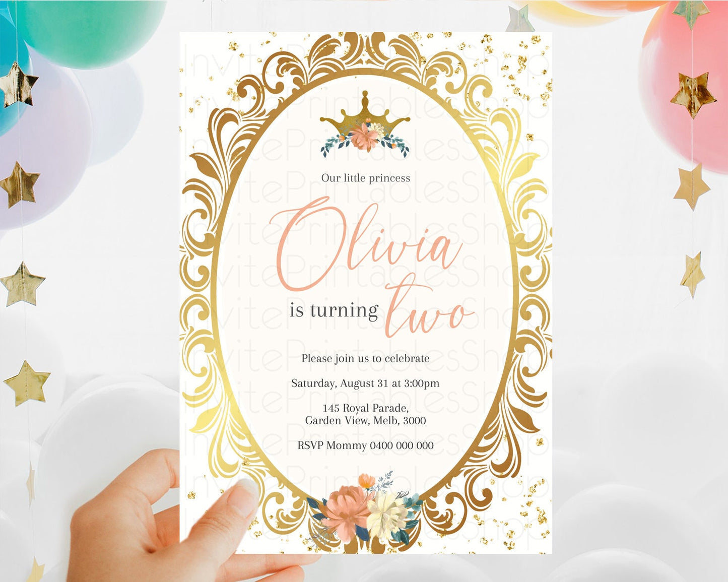 Princess Birthday Invitation Castle Invitation Royal Birthday Fairy Tale Enchanted Mirror Pastel Floral Garden 1st First Birthday D10739