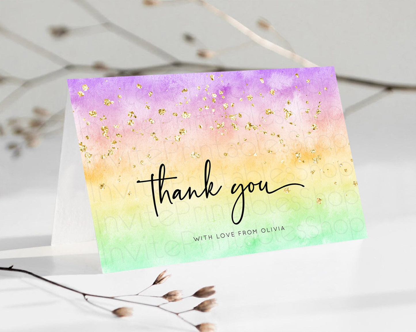 Pastel Thank You Rainbow Thank You Card Colorful Pastel Birthday Thank You Card Confetti Watercolor Pastel Teacher Thank You Cards D10514