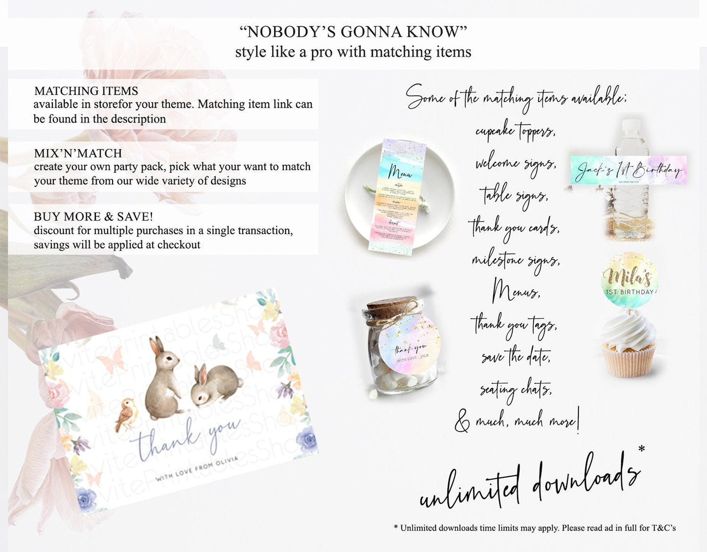 Bunny Thank You Floral Bunny Thank You Card Pastel Flowers Bunny Birthday Thank You Card Secret Garden Bunny Teacher Thank You Cards D10928