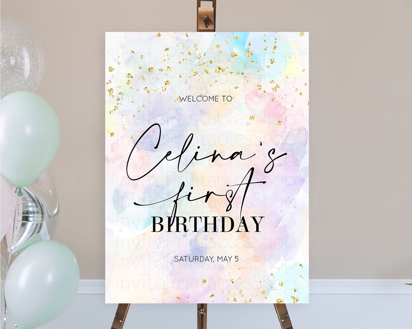 Pastel Welcome Sign Pastel Rainbow Welcome Sign Colorful Rainbow Confetti Watercolor Glitter Pastel First Birthday Welcome Sign D10605