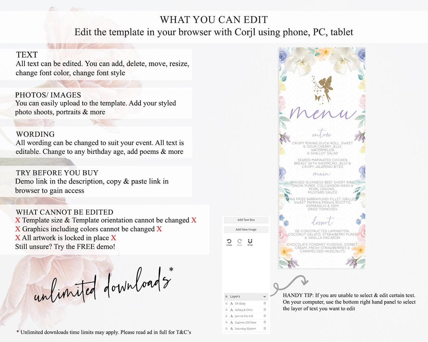 Fairy Menu Fairy Menu Template Enchanted Garden Pastel Floral Butterfly Table Decor Fairy Secret Garden Dinner Dessert Food Menu D10761