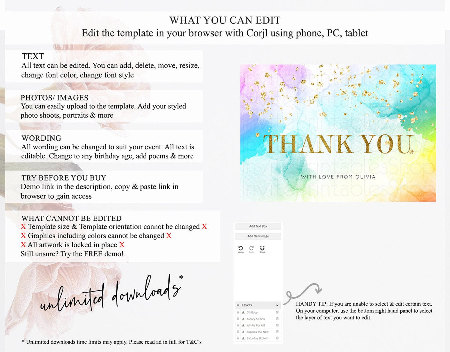 Pastel Thank You Rainbow Thank You Card Colorful Pastel Birthday Thank You Card Confetti Watercolor Pastel Teacher Thank You Cards D10961