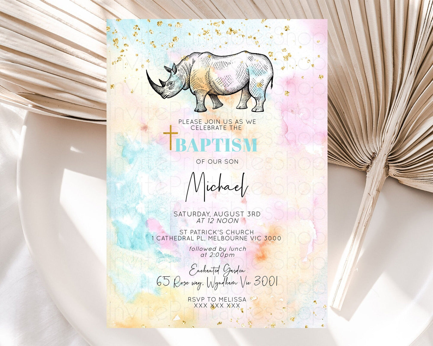 Rhino Baptism Invitation Rhino Baptism 1st Birthday Invitation Rhino Pastel Watercolor Rainbow Christening Invitation Religious D10287
