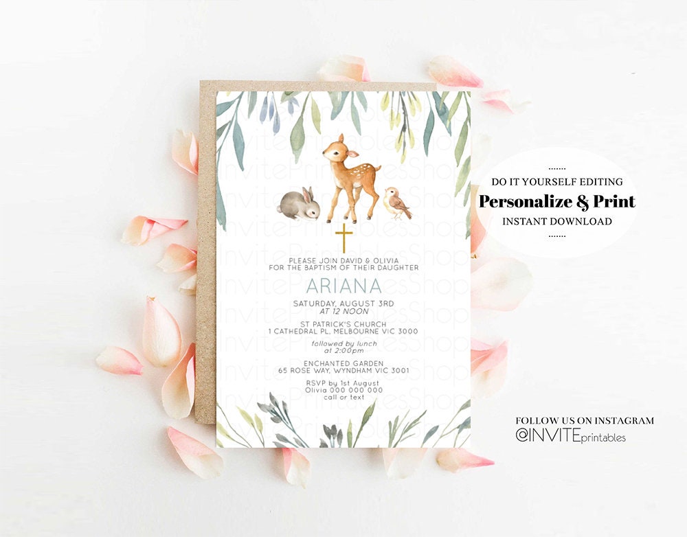 Leaf Deer Baptism Invitation Enchanted Garden Christening Invitation Forest Animals Eucalyptus Leaves Green Soft Pastel Gold Orthodox Cross