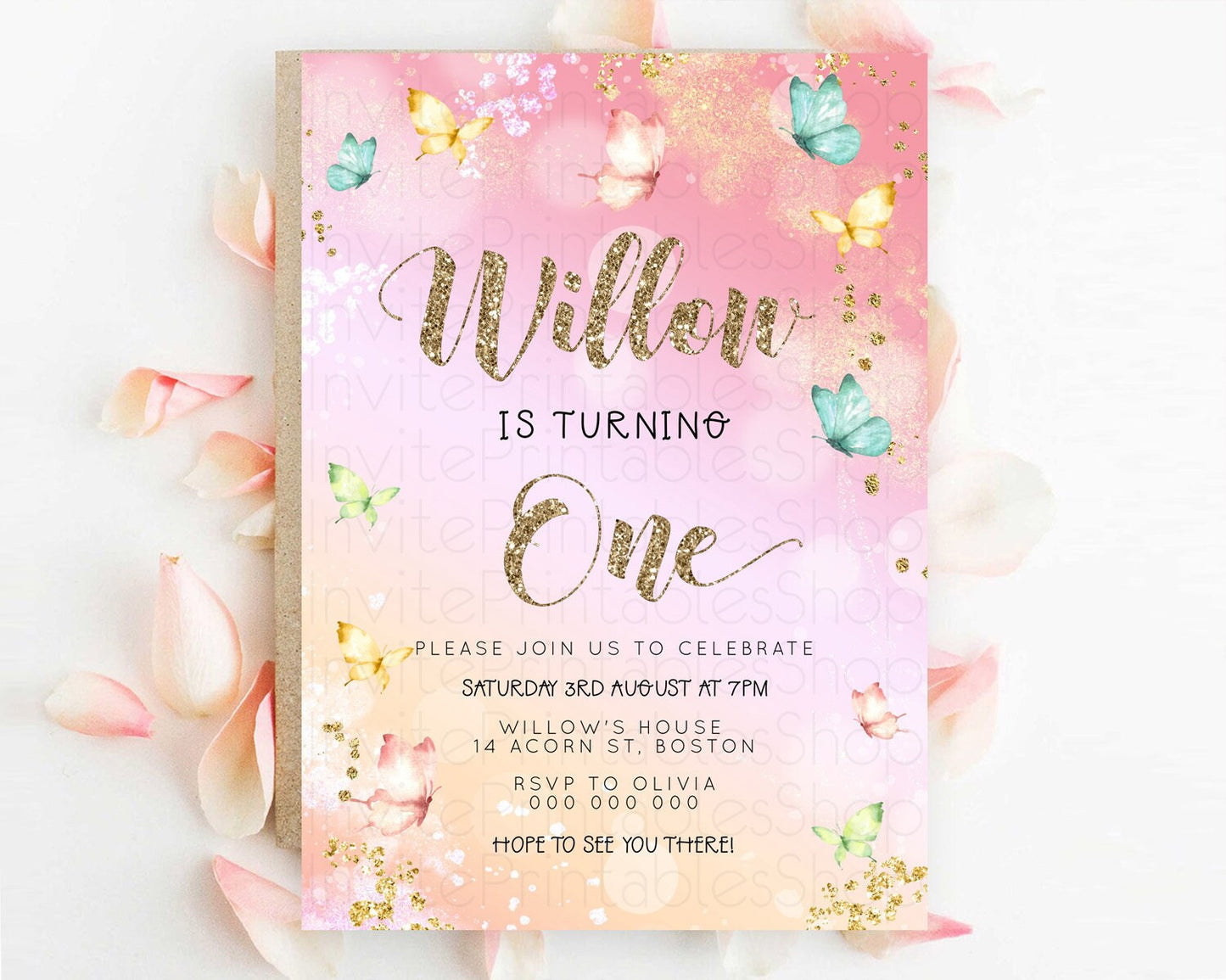 Pastel Butterfly Birthday Invitation Butterfly Birthday Invitation Colorful Splash Glitter Butterfly Garden 1st 2nd Birthday D23077