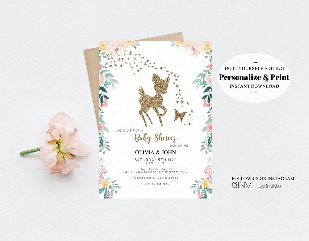 Fawn Baby Shower Invite Deer Baby Shower Invite Deer Invite Deer Party Invite Pastel Floral Invite Glitter Invite Garden Party Invite