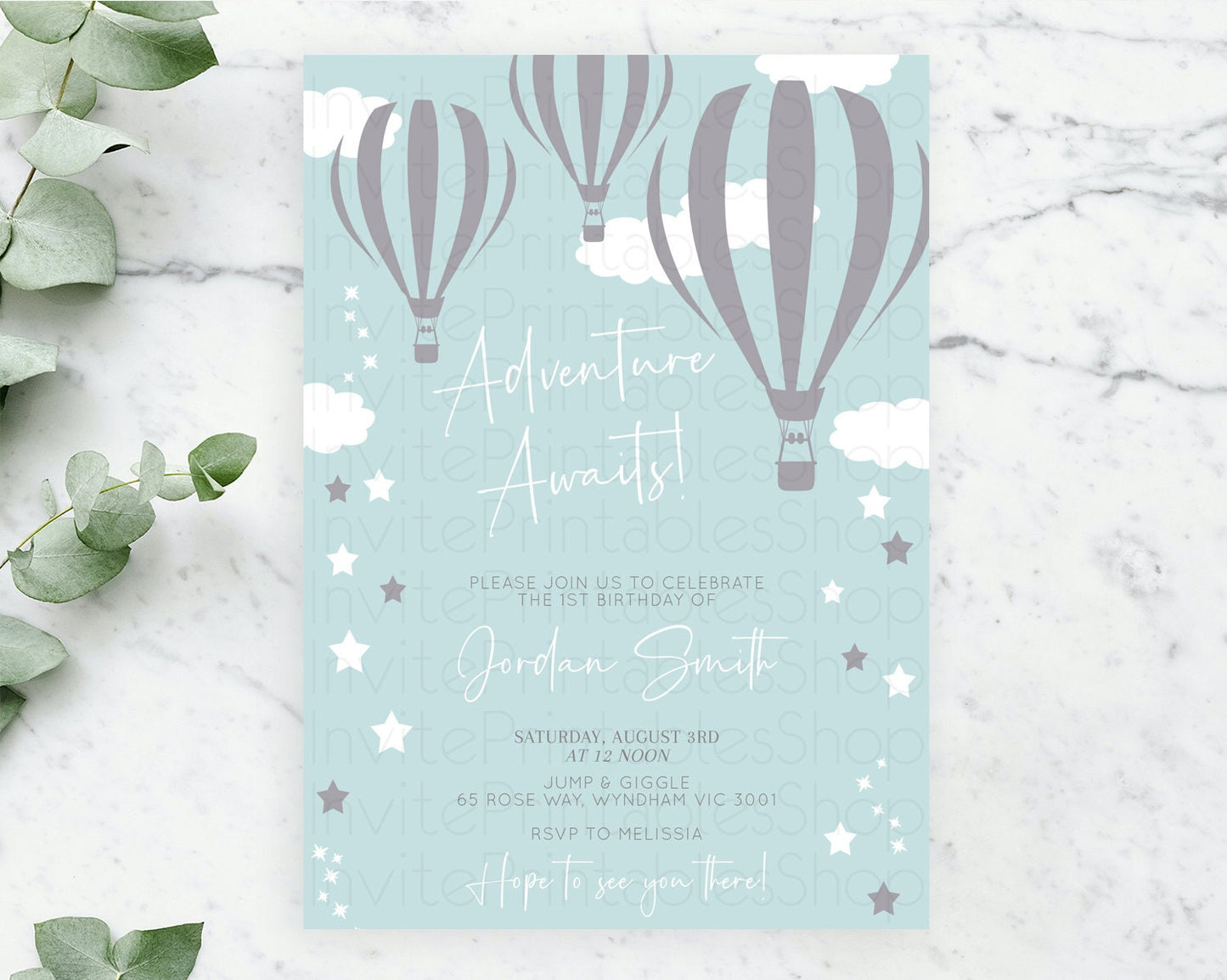 Hot Air Balloon Birthday Invitation Hot Air Balloon Invites Adventure Awaits Up Up & Away Glitter Blue Watercolor 1st Birthday Boy D10324