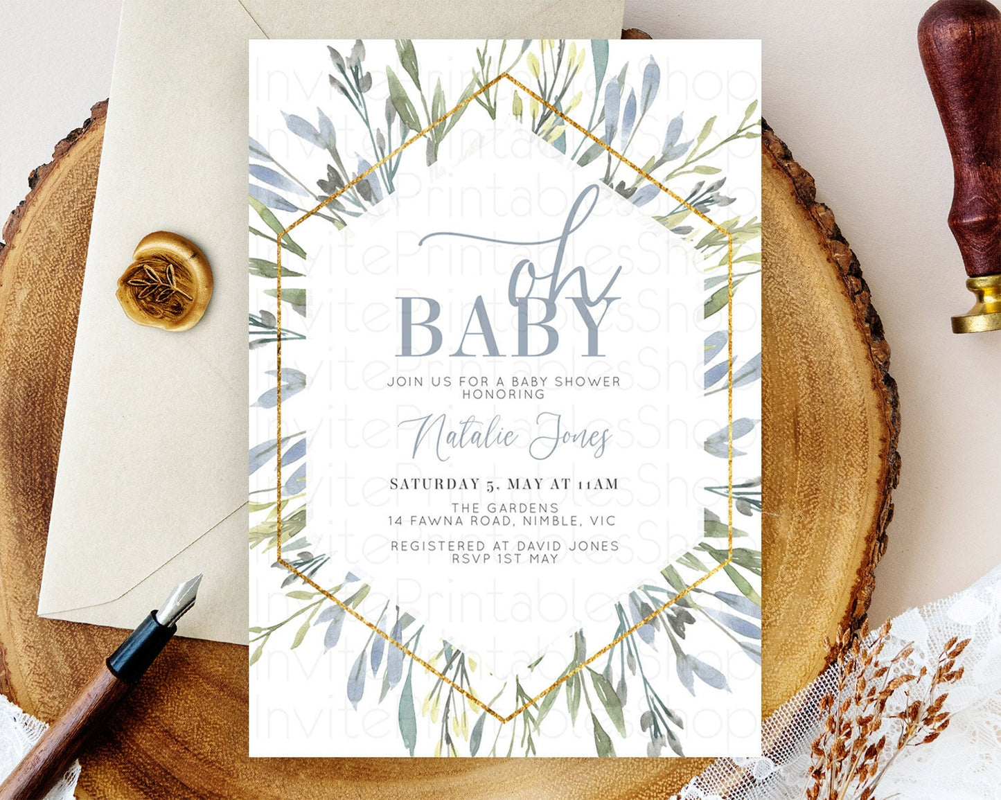 Leaf Baby Shower Invitation Leafy Watercolor Invitation Simple Greenery Invitation Eucalyptus Fern Spray Leaves Minimal Green Leaf D10532