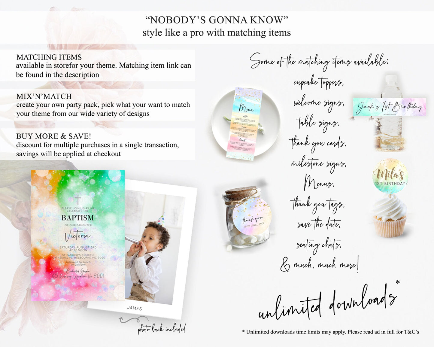 Rainbow Baptism Invitation Colorful Pastel Watercolor Baptism 1st Birthday Invitation Iridescent Glitter Sprinkles Ombre Christening D10691