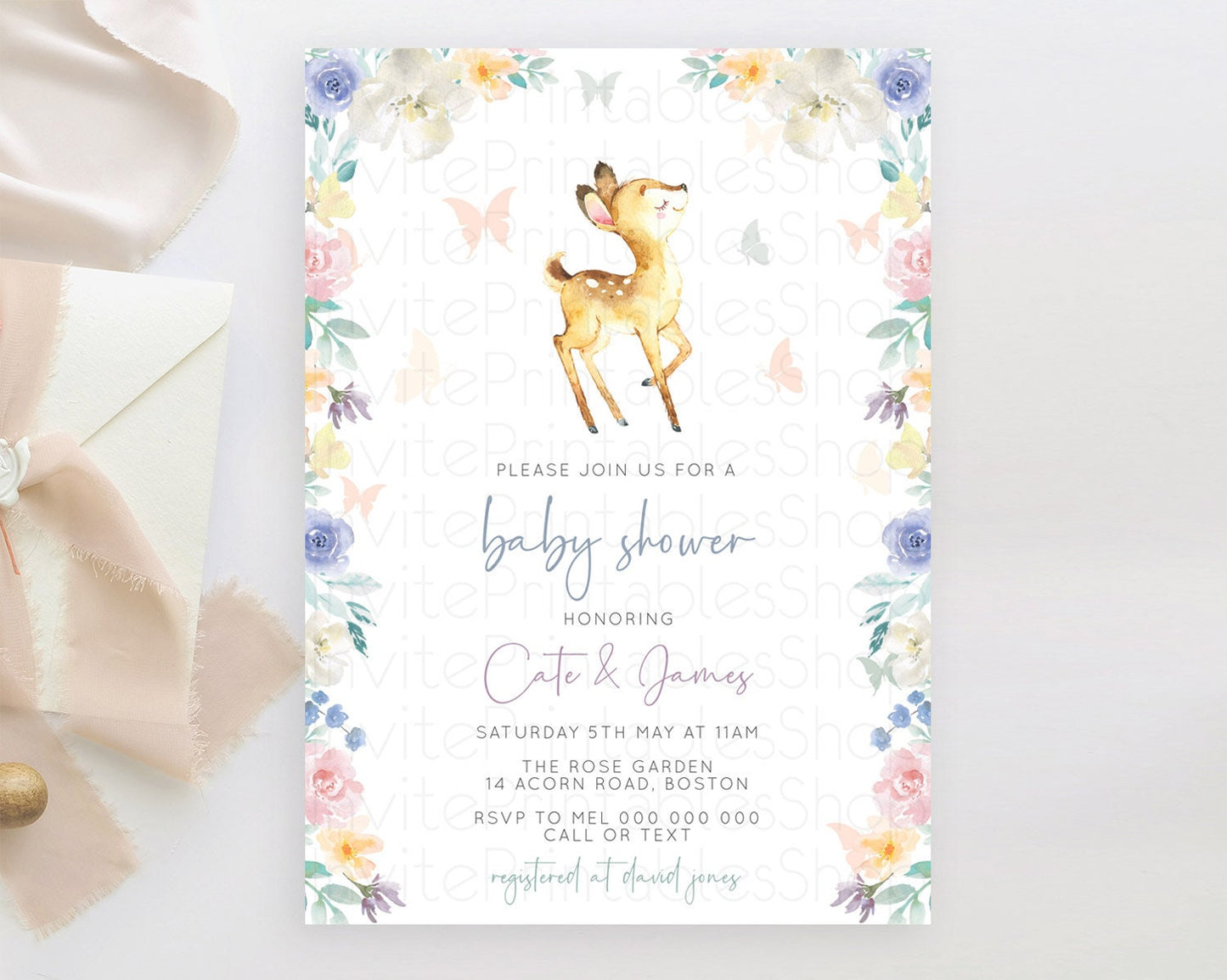 Enchanted Forest Baby Shower Invitation, Baby Fawn Invitation, Whimsical Deer, Butterfly, Secret Garden Theme Soft Pastel Flowers D11035