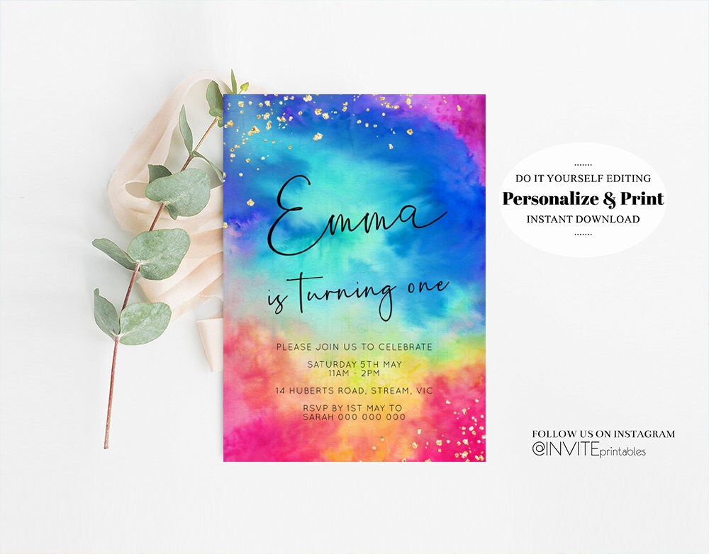 Rainbow Birthday Invitation Ombre Pastel Invitation Colorful Watercolor Splash Gold Glitter Sprinkles Tie Dye Printable Digital Invite