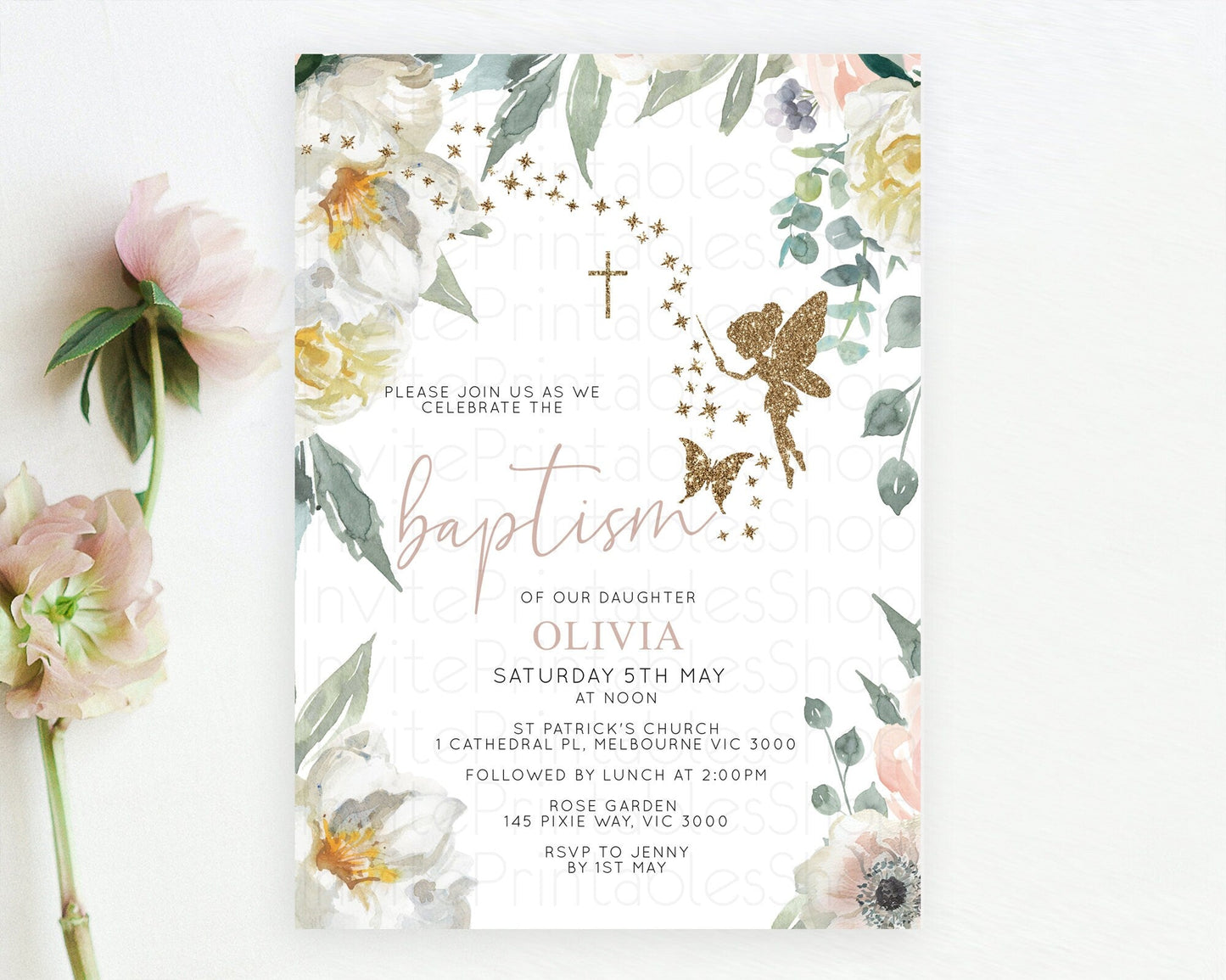Fairy Baptism Invitation Fairy Baptism 1st Birthday Invitation Enchanted Secret Garden Christening Invite Pastel Floral Butterfly D10800