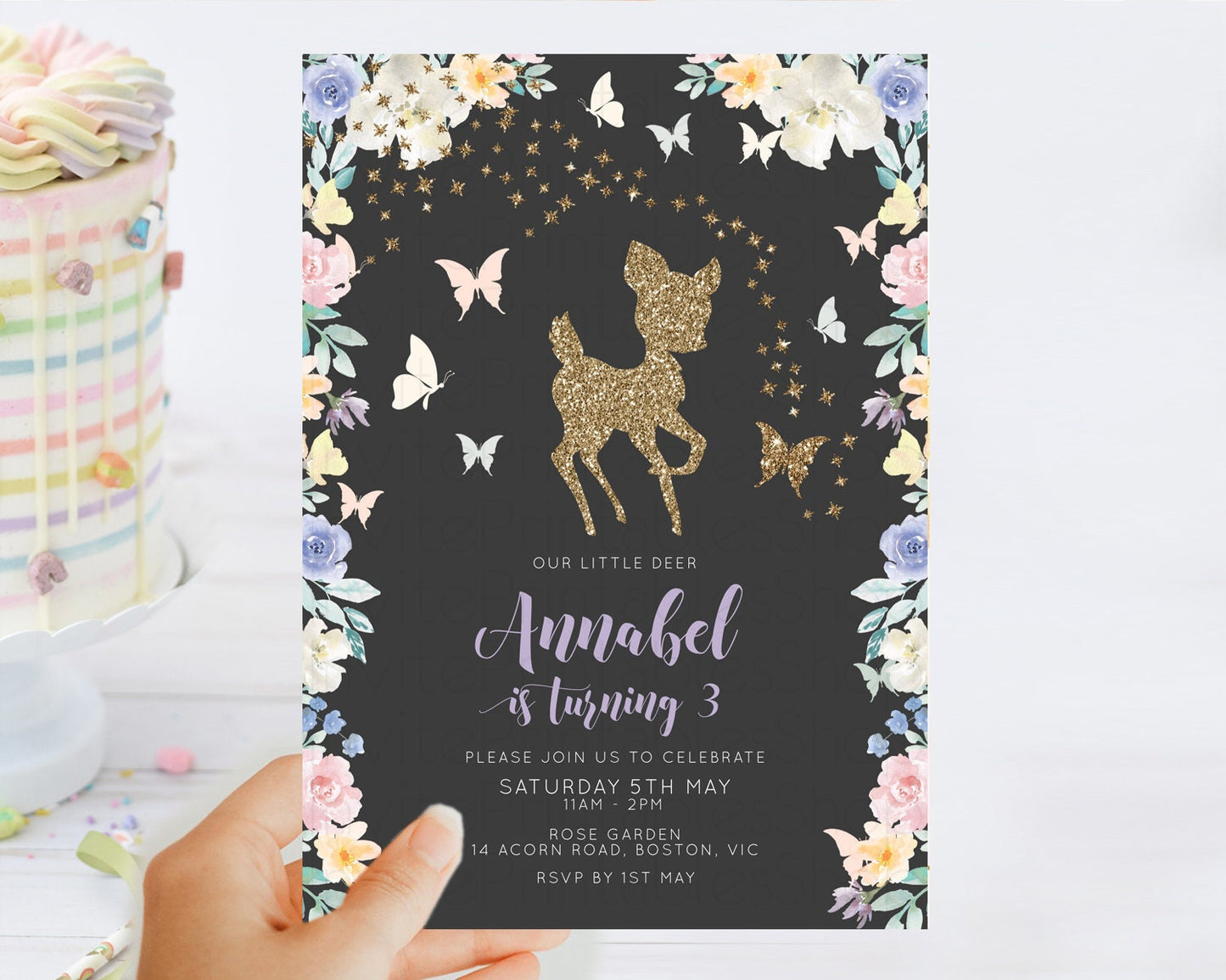 Fawn Birthday Invitation Deer Birthday Invitation Enchanted Forest Party Butterfly Pastel Flowers Whimsical 2nd 1st First Birthday D10880