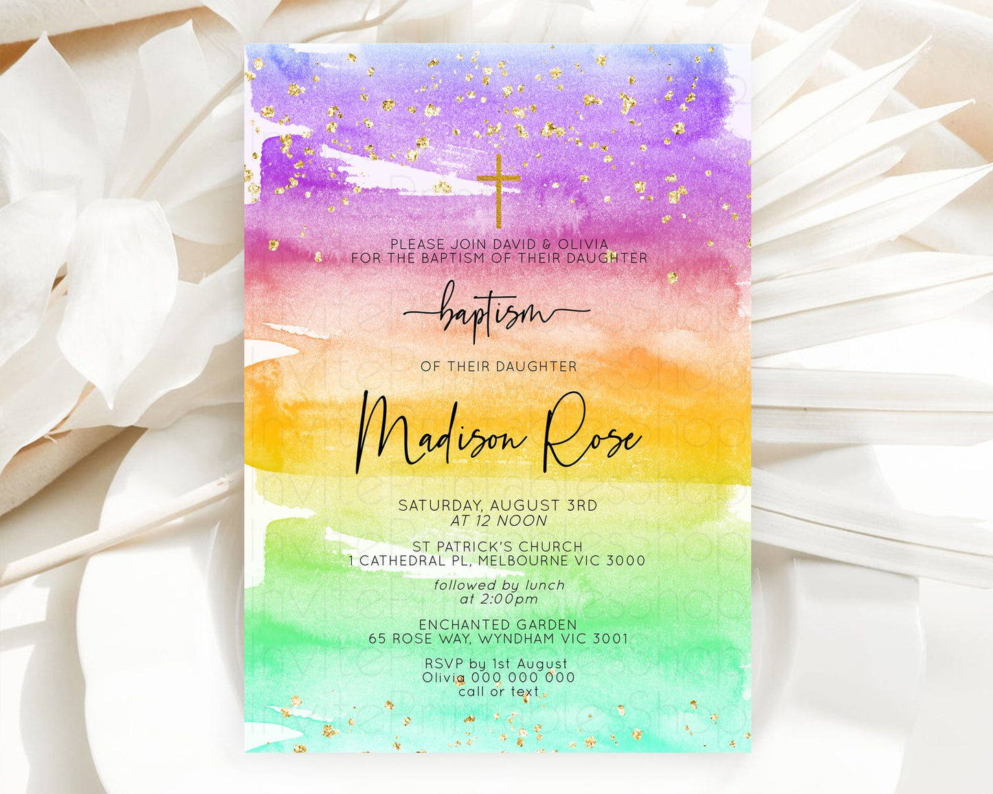 Pastel Baptism Invitation Pastel Colors Watercolor Baptism 1st Birthday Party Gold Ombre Pastel Rainbow Christening Holy Communion D10524