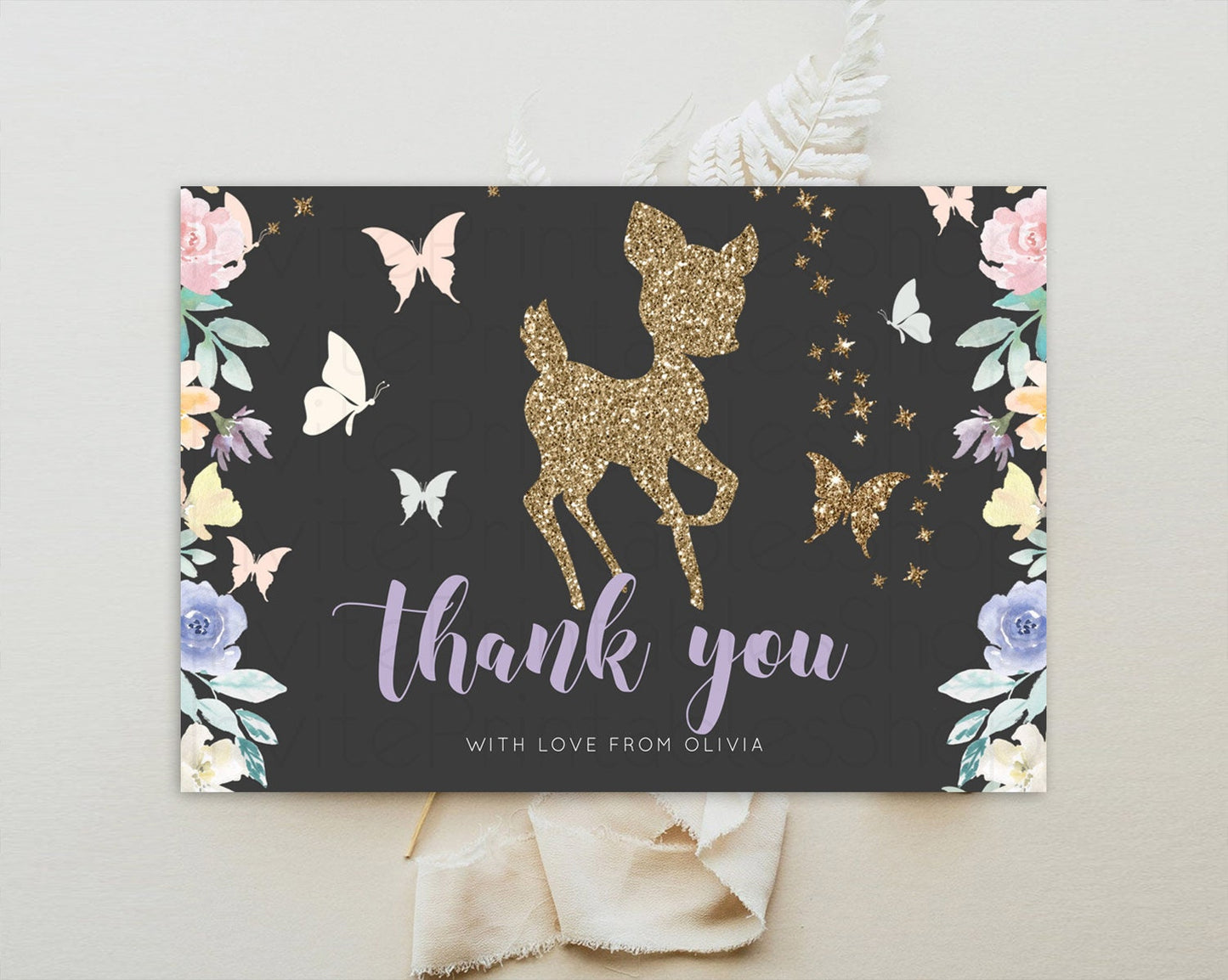 Fawn Thank You Deer Thank You Card Pastel Floral Deer Birthday Thank You Card Enchanted Forest Butterfly Deer Teacher Thank You Card D10880