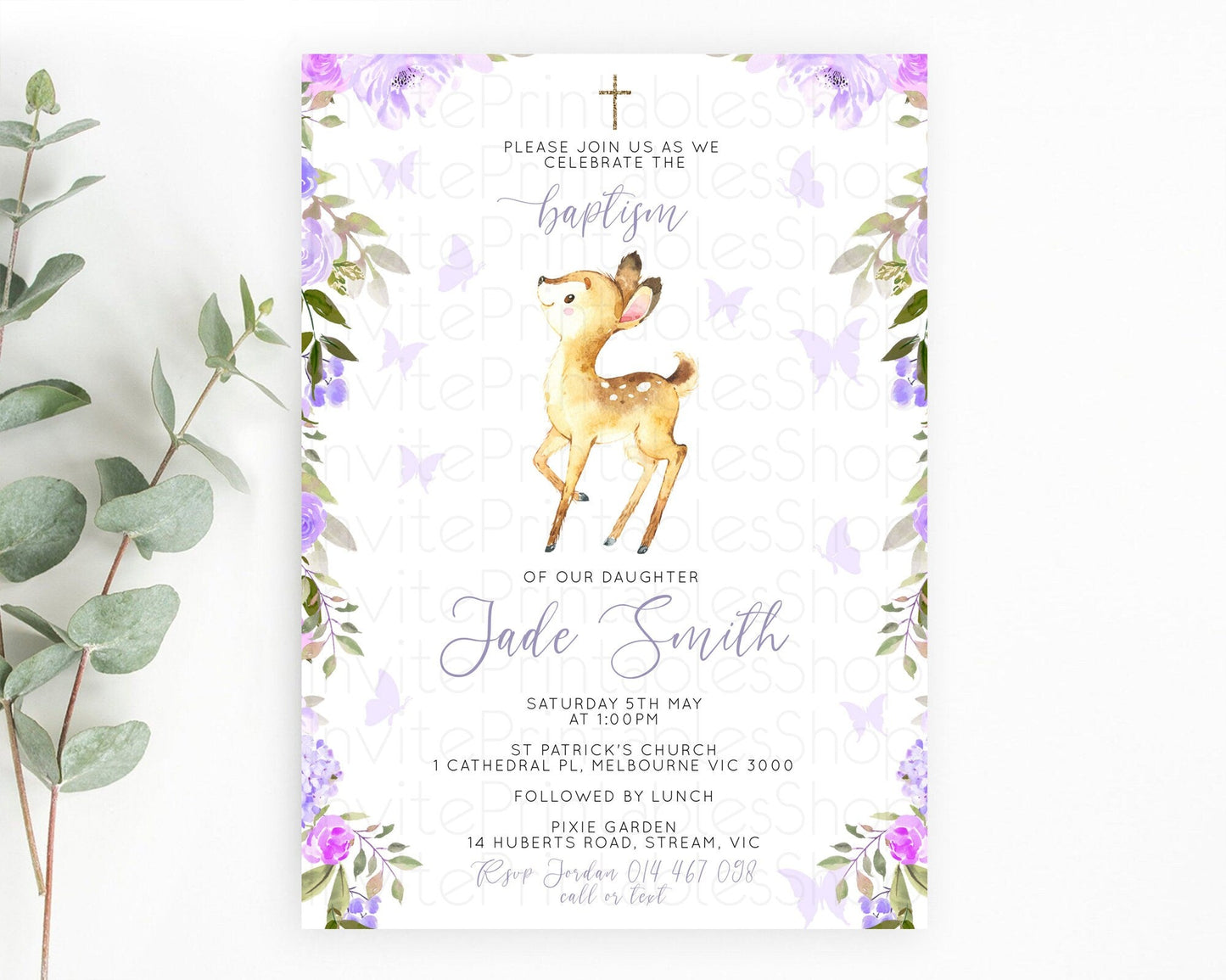 Fawn Baptism Invitation Deer Baptism 1st Birthday Invitation Enchanted Forest Christening Invitation Pastel Garden Butterfly Floral D10916