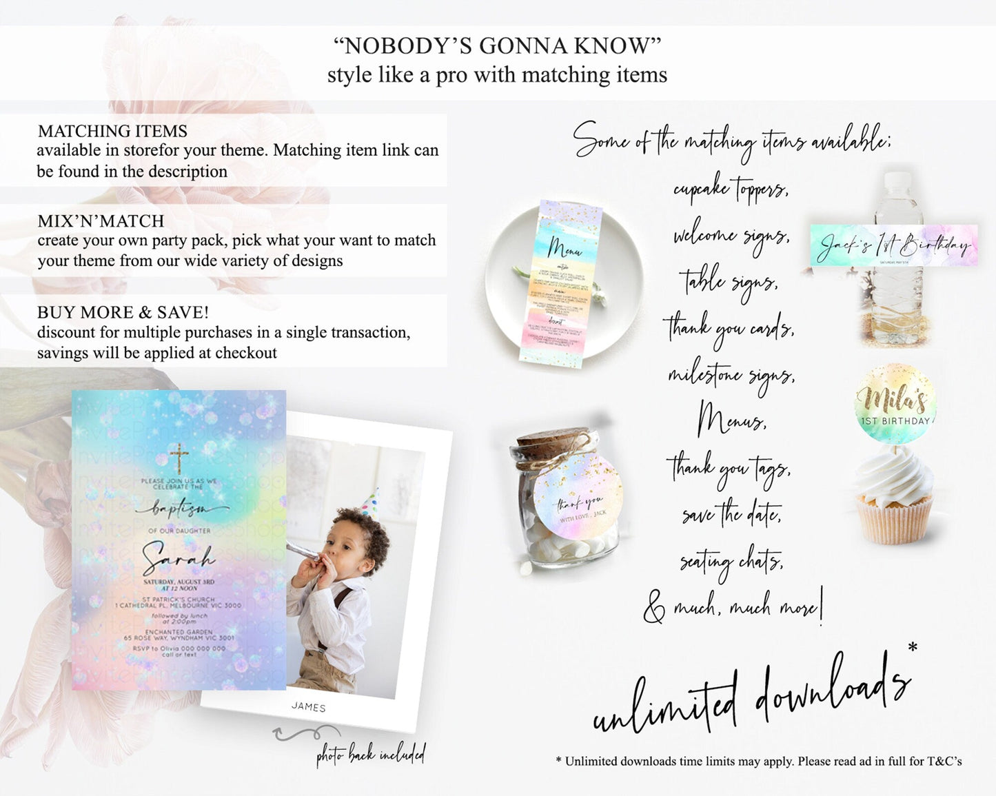 Rainbow Baptism Invitation Colorful Pastel Watercolor Baptism 1st Birthday Invitation Iridescent Glitter Sprinkles Ombre Christening D10665