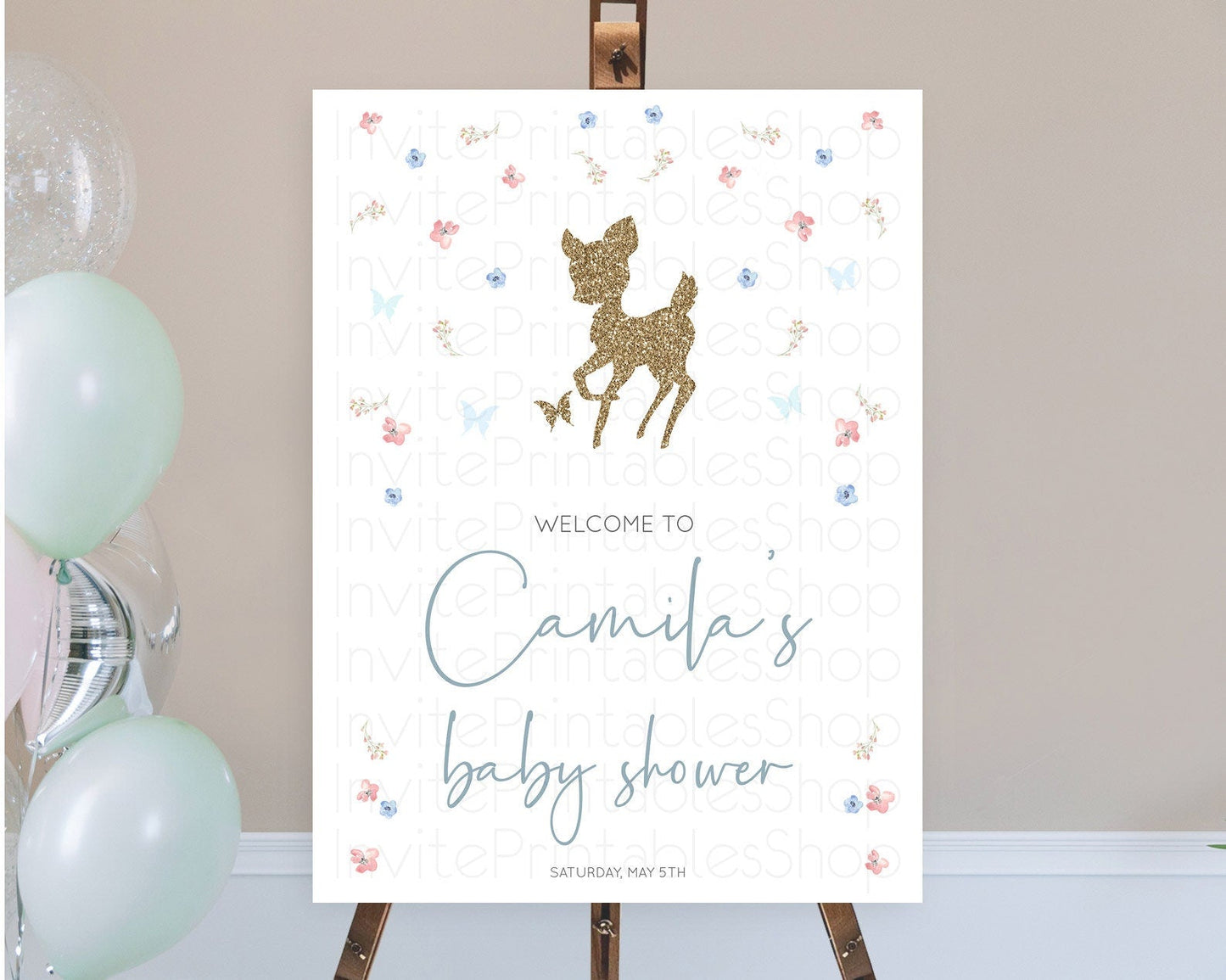 Fawn Baby Shower Welcome Sign Deer Welcome Board Floral Deer Welcome Poster Enchanted Forest Butterfly Pastel Floral Welcome Sign D10359