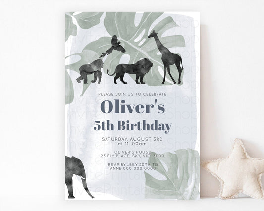 Editable Safari Birthday Invitation Lion Gorilla Elephant Rhino Tropical Pal