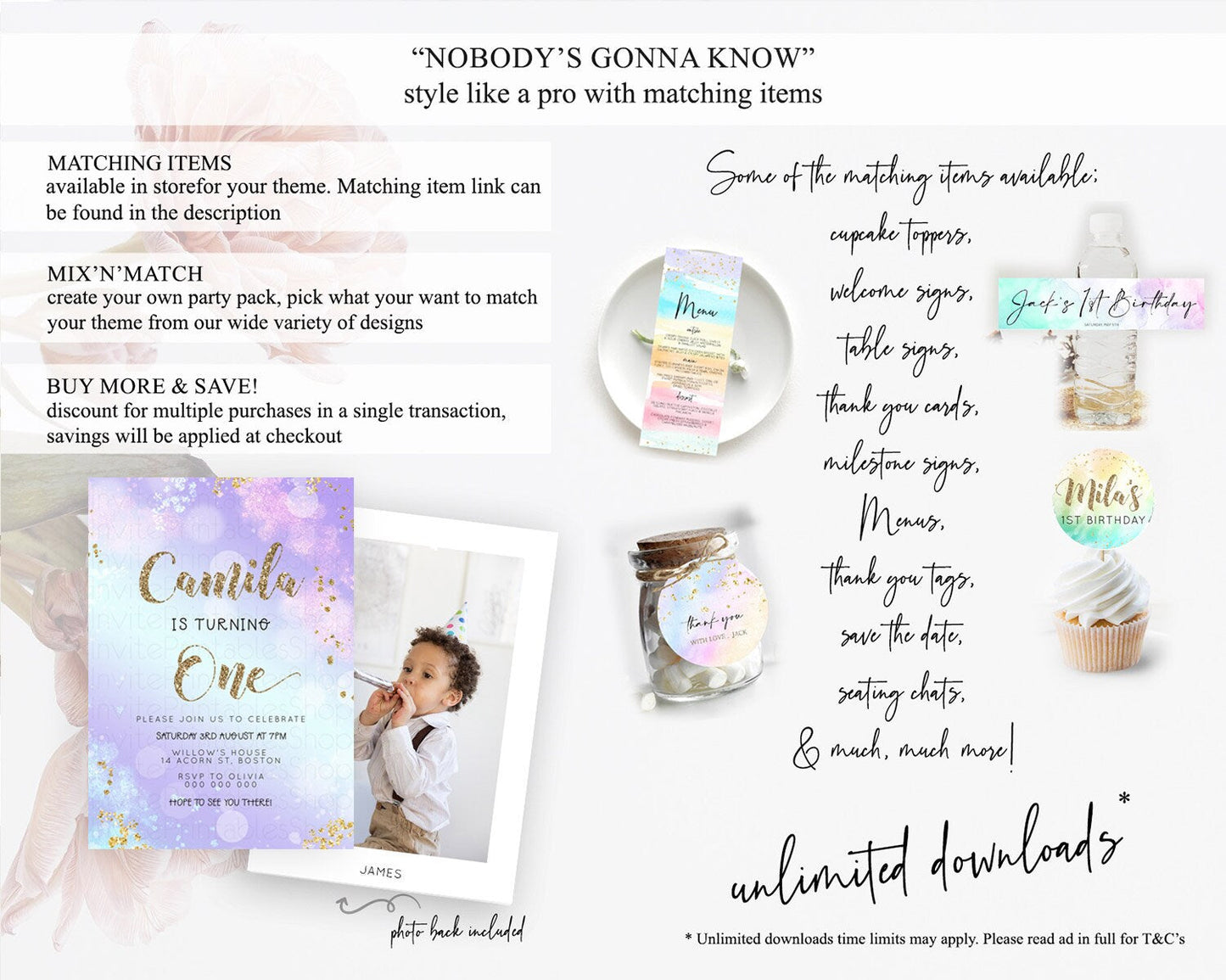 Rainbow Birthday Invitation Colorful Pastel Watercolor Invitation Gold Glitter Sprinkles Ombre Pastel 1st 2nd 3rd Birthday D23118